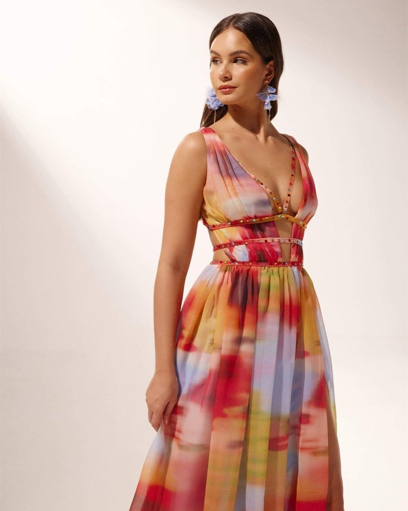 Sheila Baskılı Yüksek Yırtmaçlı Uzun Elbise