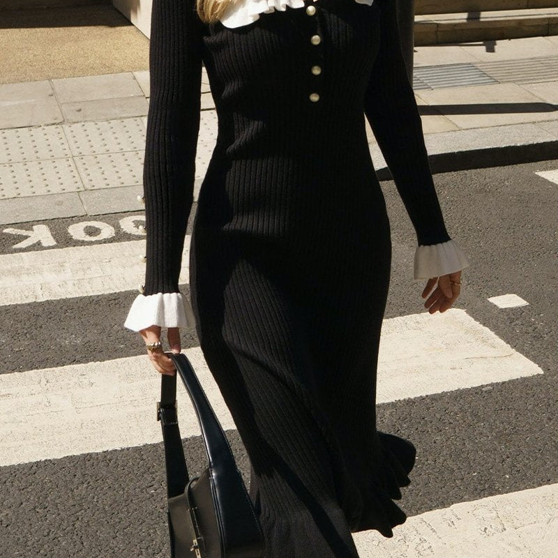 Sicilya Ruffle İnci Midi Örgü Elbise