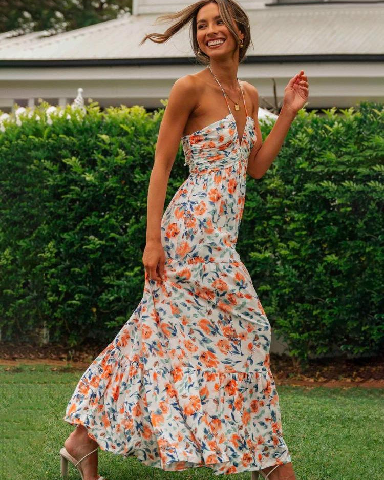 Sue Çiçek Baskılı Halter Yaka Uzun Sundress