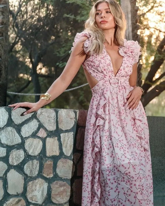 Suzanne Çiçek Baskılı Kesikli Uzun Elbise