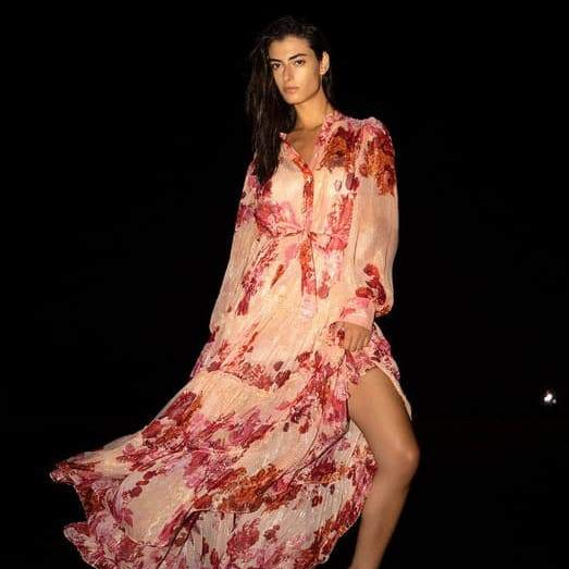 Sylvia Çiçekli Uzun Kollu Uzun Elbise