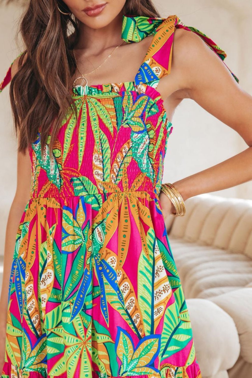 Thirza Baskılı Papyon Büzgülü Uzun Elbise