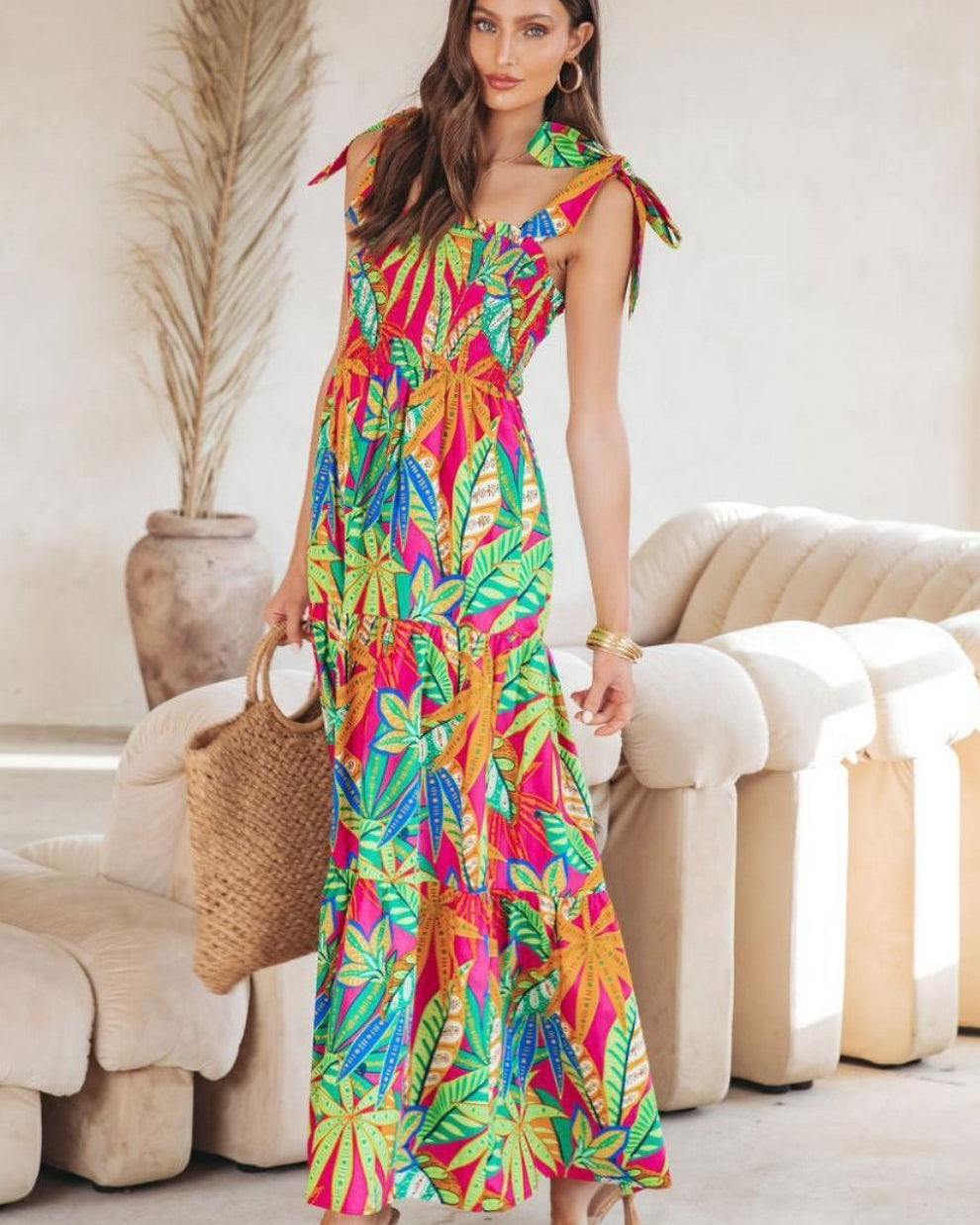 Thirza Baskılı Papyon Büzgülü Uzun Elbise