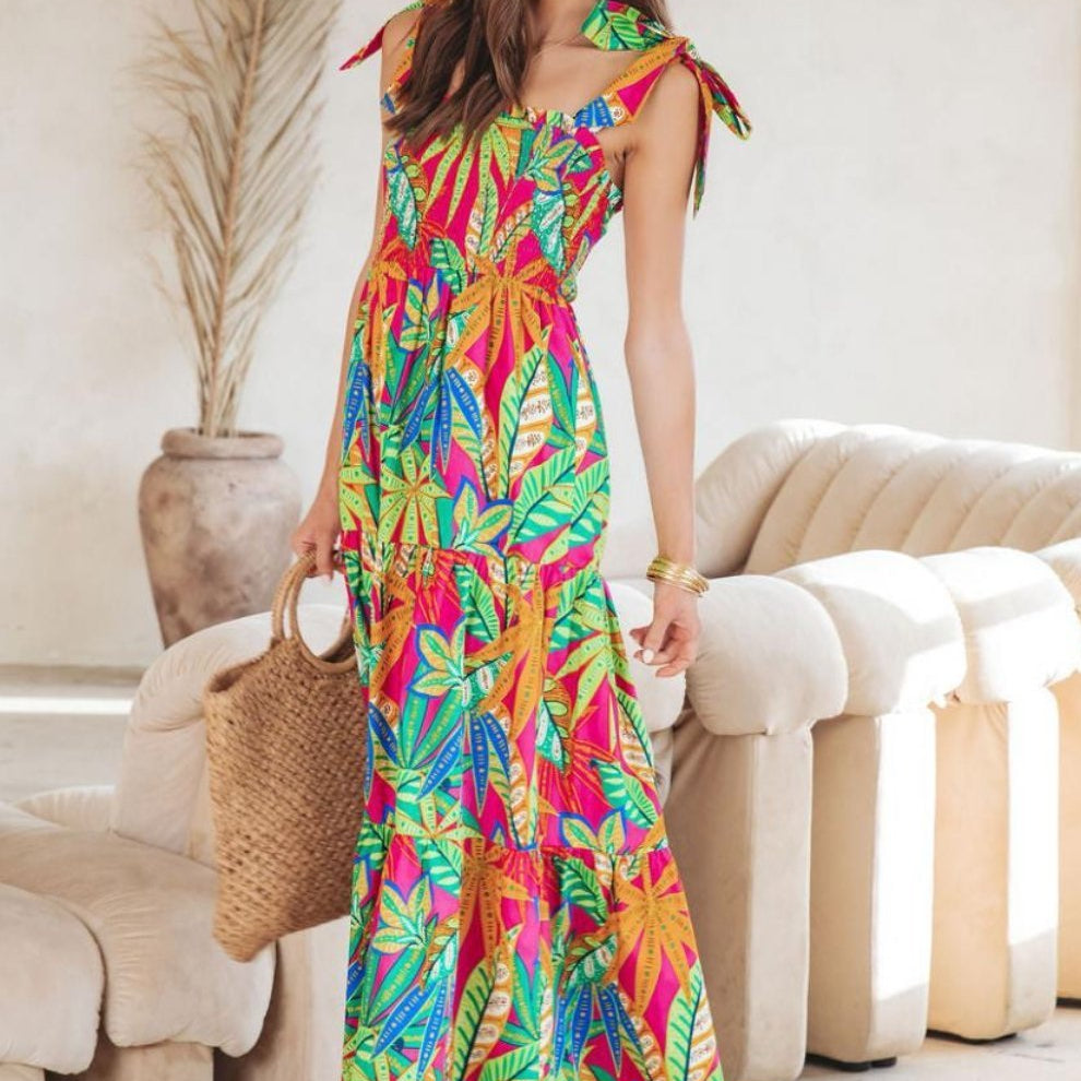 Thirza Baskılı Papyon Büzgülü Uzun Elbise