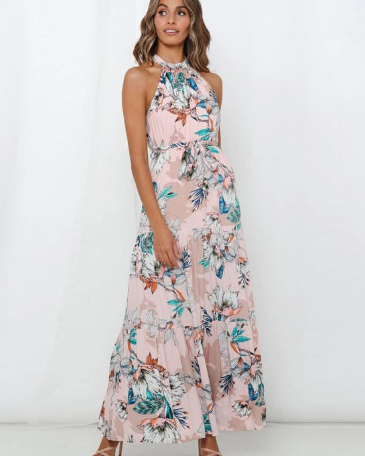 Tina Baskılı Boyundan Bağlamalı Katlı Maxi Elbise