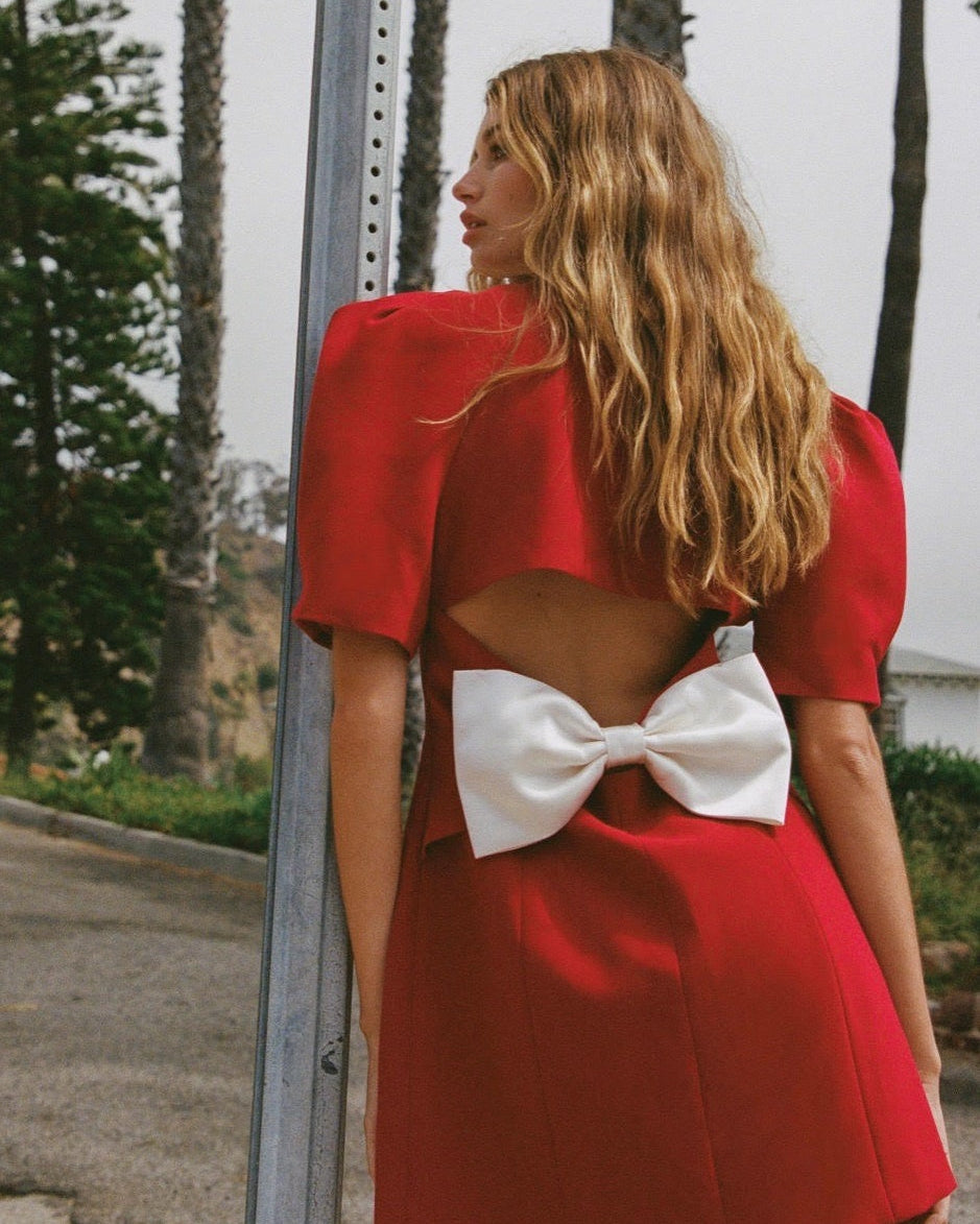 Elsie V Yaka Sırtı Açık Papyon Mini Elbise