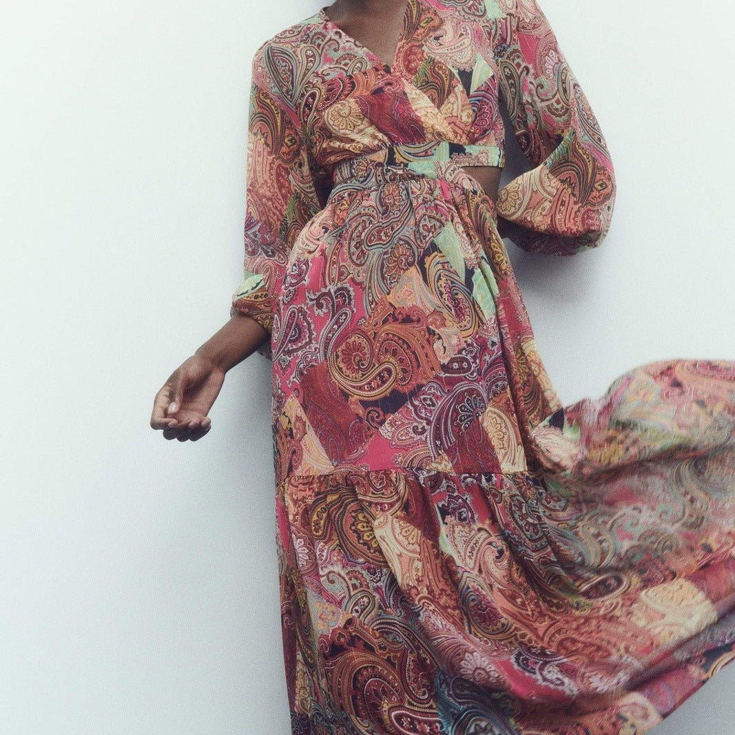 Valerie Baskılı Cut-Out Flare Maxi Elbise