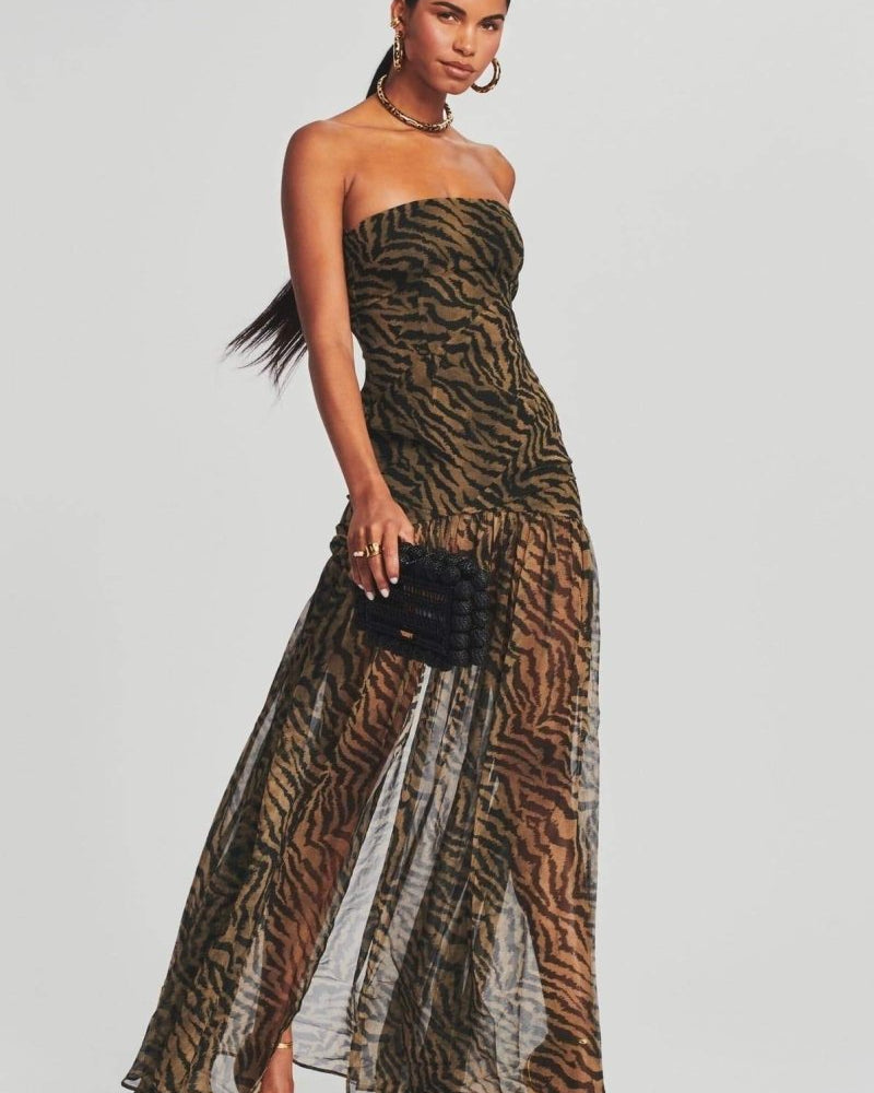 Viola Tiger Şerit Yırtmaçlı Transparan Maxi Elbise