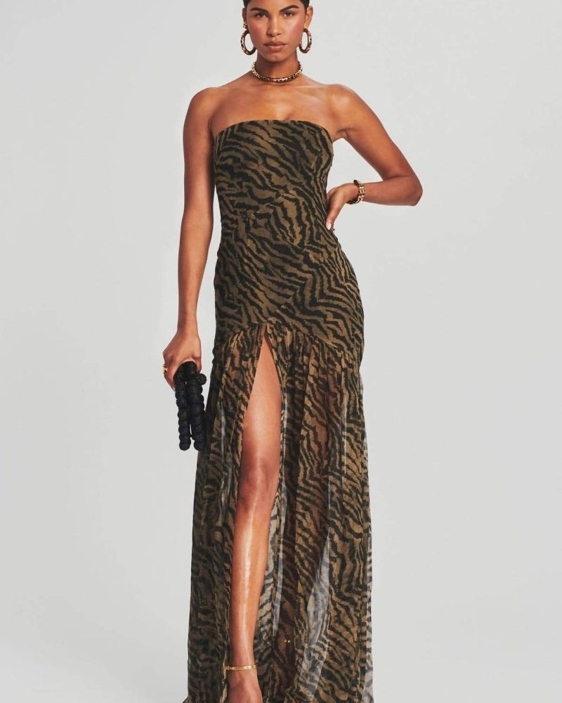 Viola Tiger Şerit Yırtmaçlı Transparan Maxi Elbise