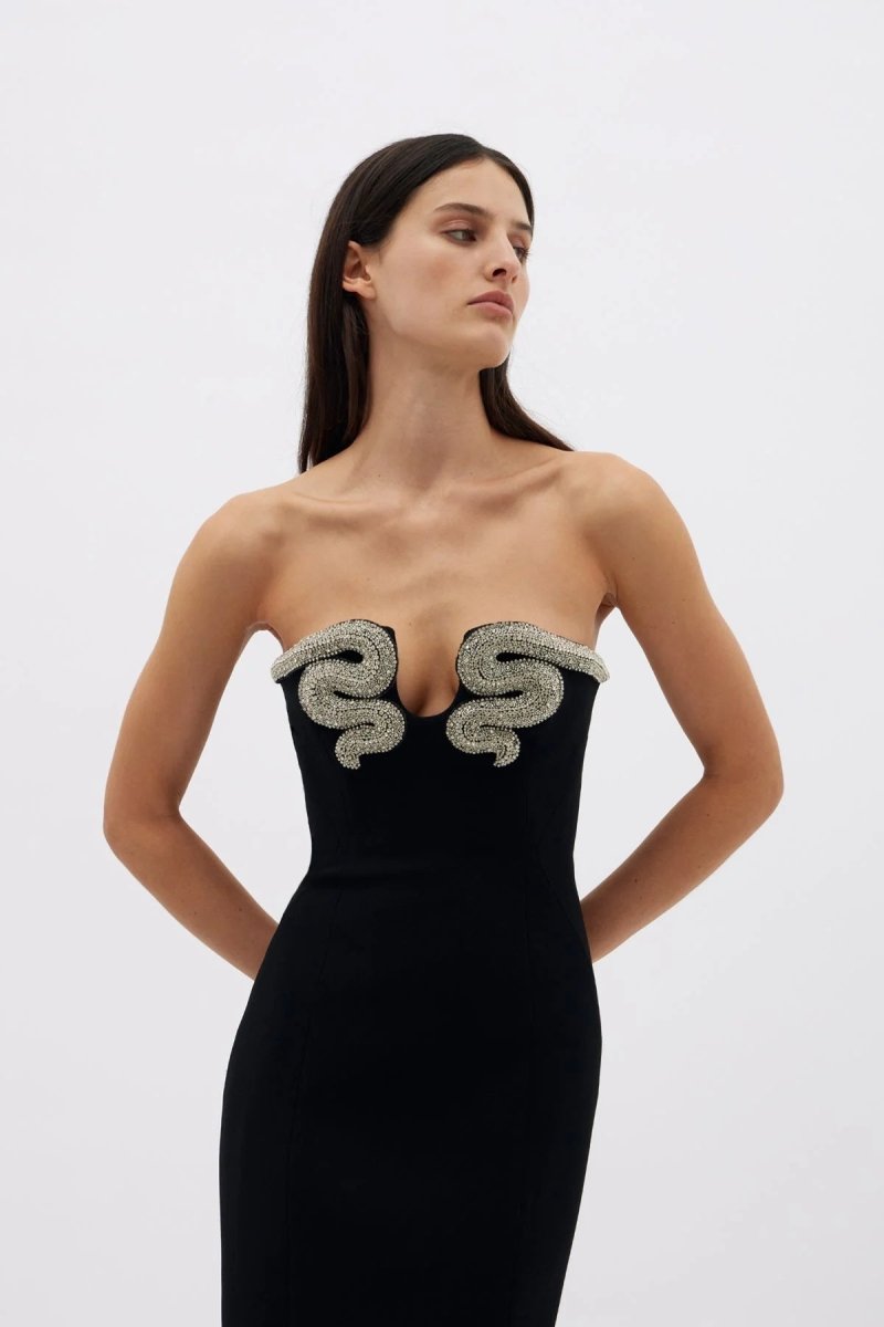 Virginia Kristal Taşlı Straplez Polyester Maxi Elbise