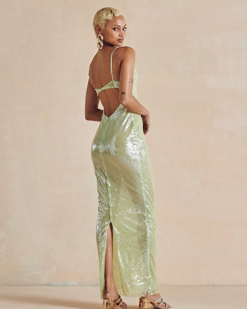 Vita Sırtı Açık Payetler Slip Maxi Elbise