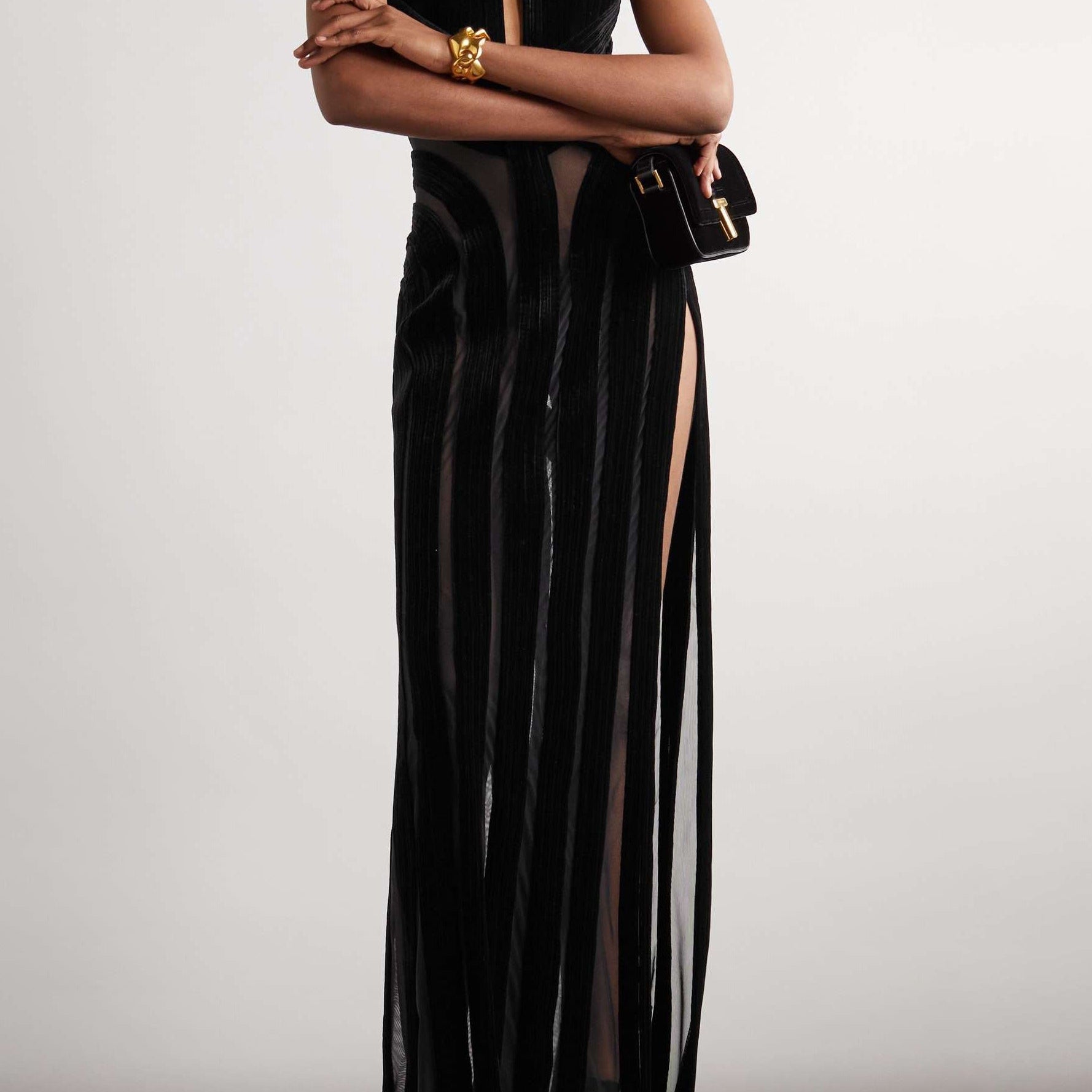 Novia Boyundan Bağlamalı Cut-Out Kadife Maxi Elbise