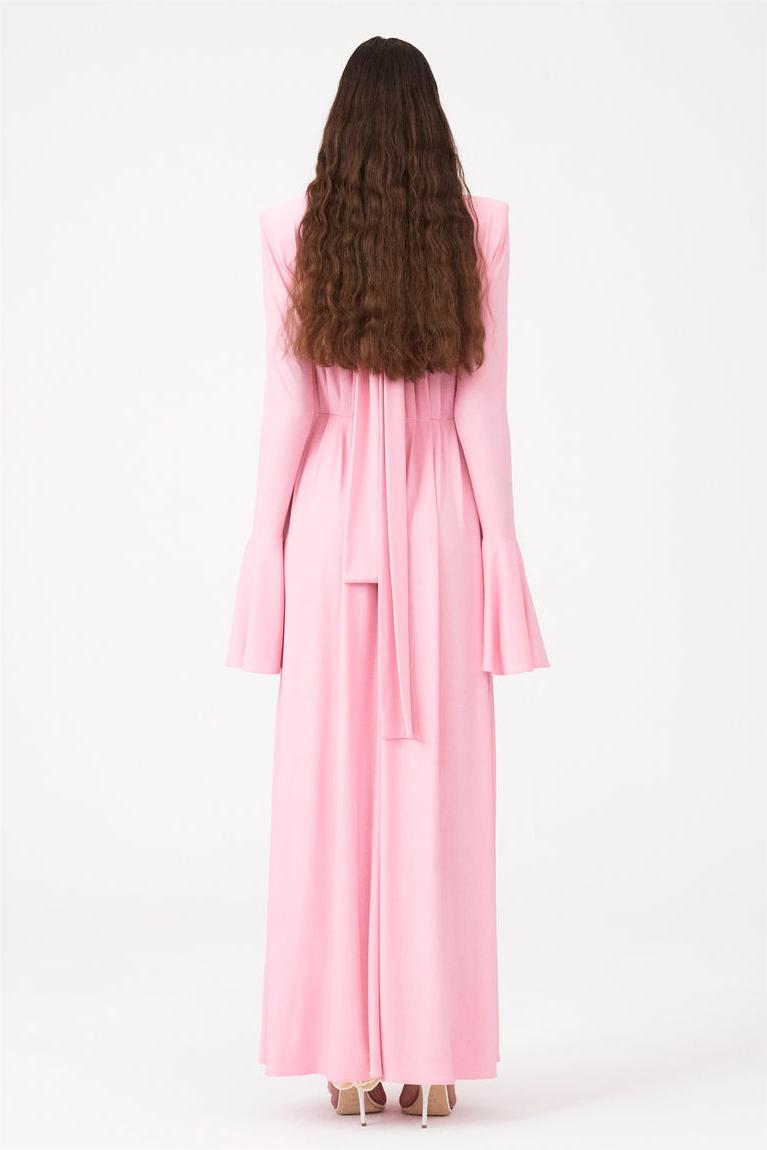 Yedda Çiçek Detaylı V Yaka Pileli Yırtmaçlı Maxi Elbise