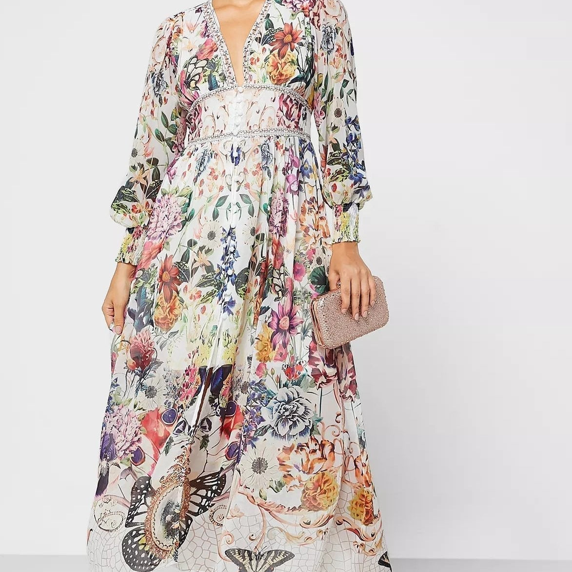 Yvette Baskılı V Yaka Şifon Maxi Elbise