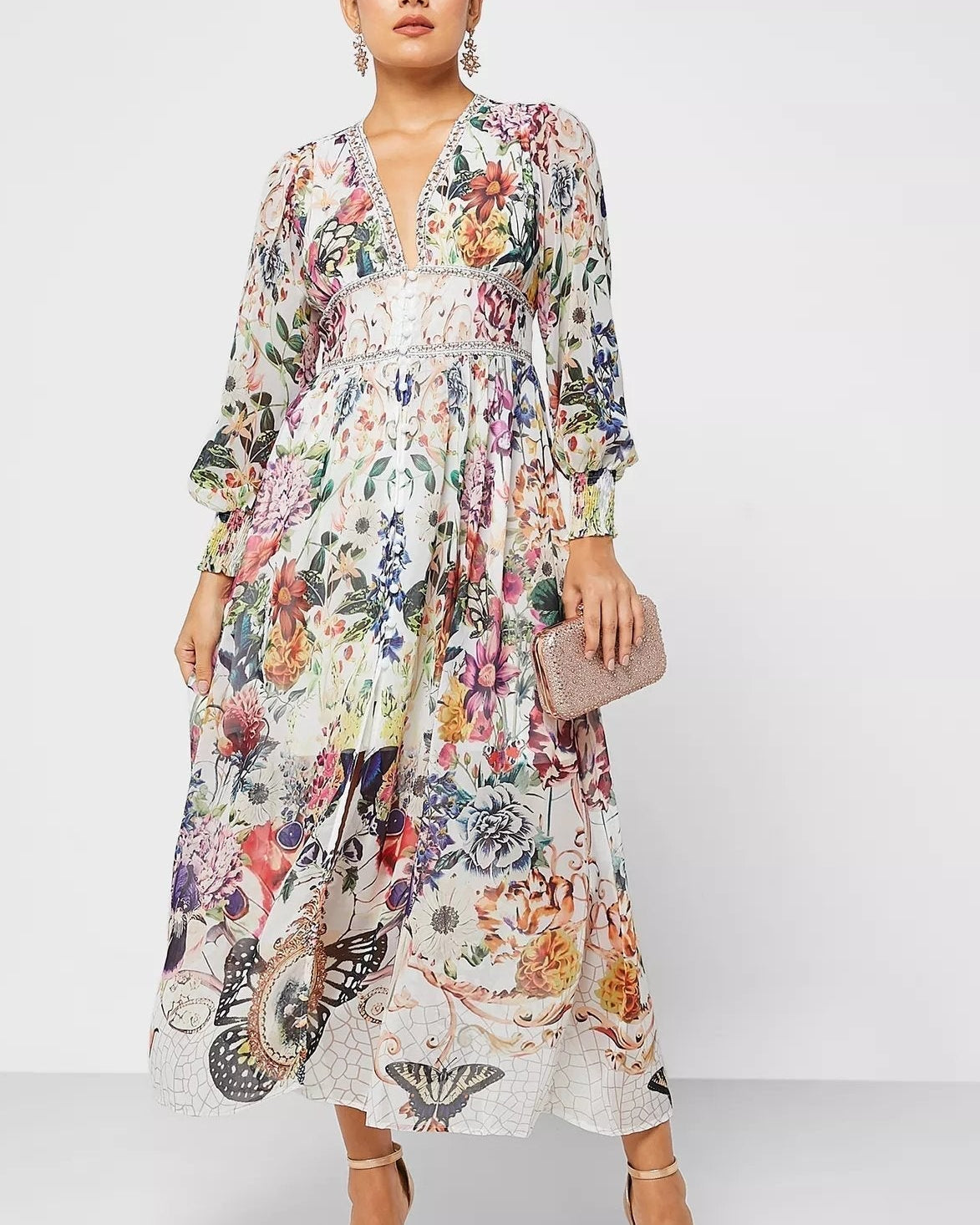 Yvette Baskılı V Yaka Şifon Maxi Elbise