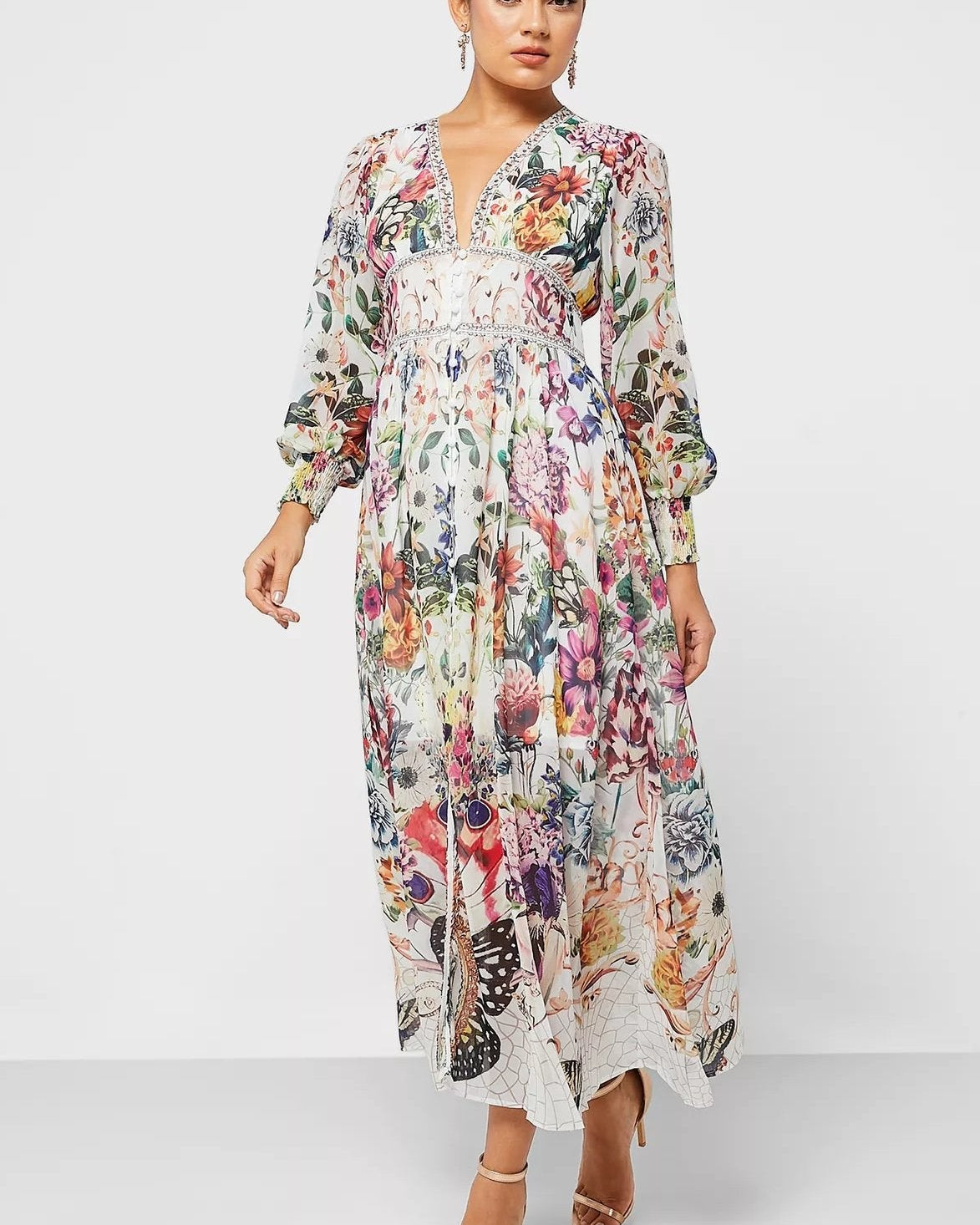 Yvette Baskılı V Yaka Şifon Maxi Elbise