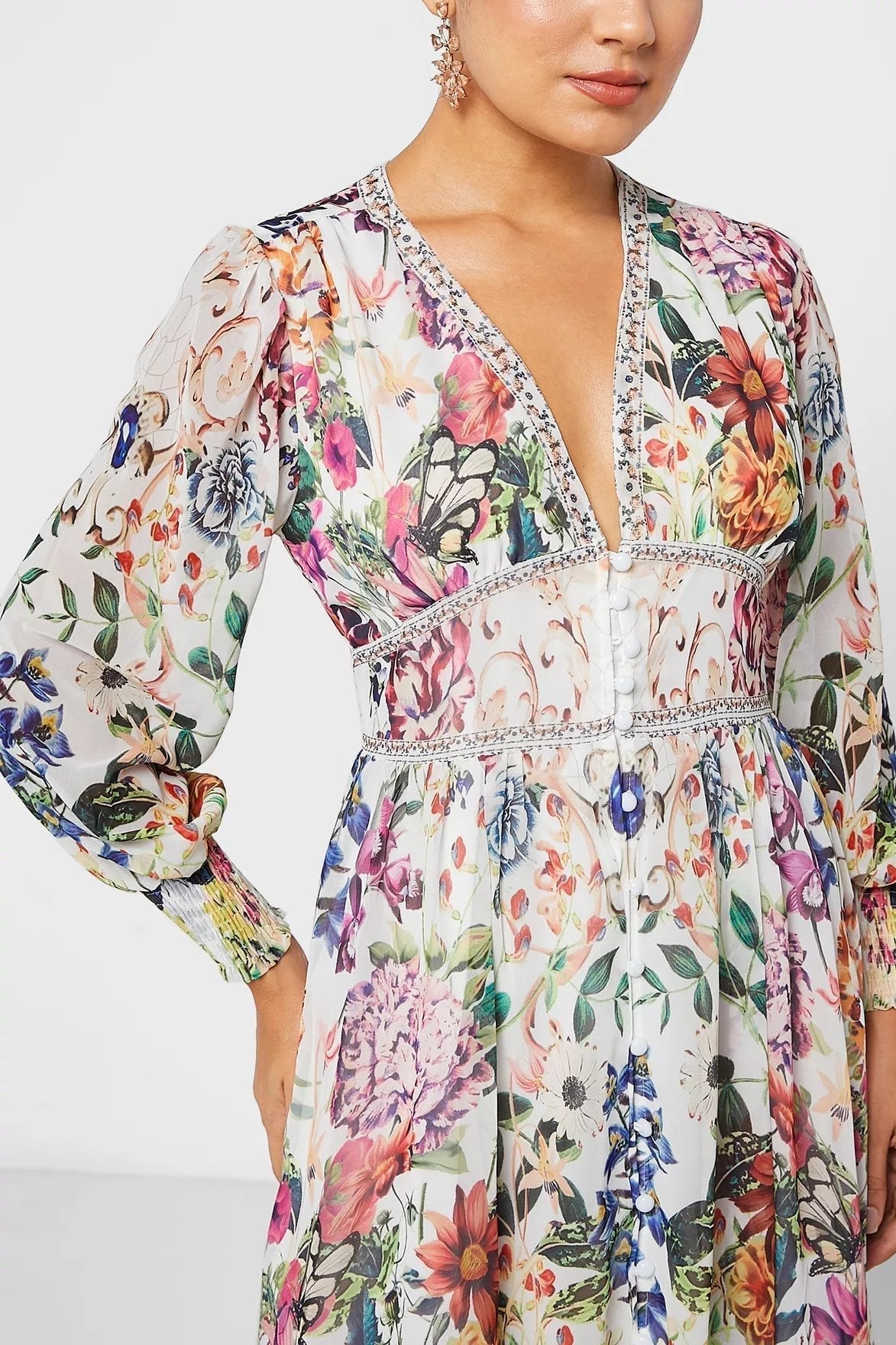 Yvette Baskılı V Yaka Şifon Maxi Elbise